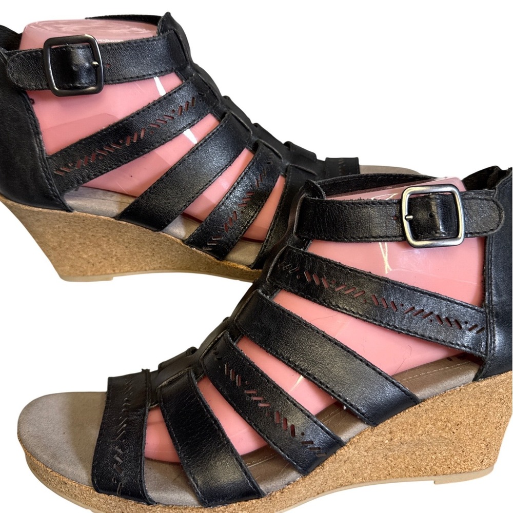 Gladiator Black Leather Wedge Zip Up Sandals‎ Womens 9 Comfort Arch Support Boho - Picture 5 of 10